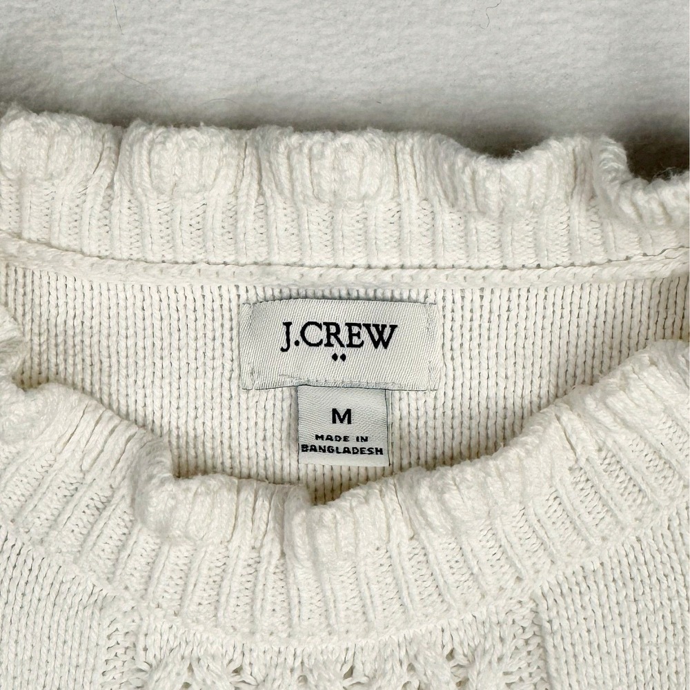 J.Crew Sweater‎ Women Medium White Heart Cable Knit Ruffle Neck Preppy Coquette - Picture 4 of 6